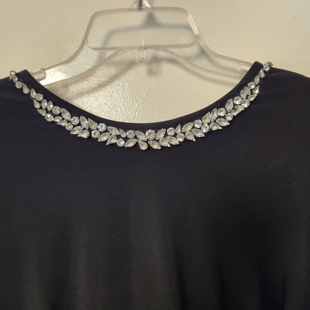 Lauren Ralph Lauren Black Embellished Rhinestone Neck Black Midi Dress LBD Sz 14